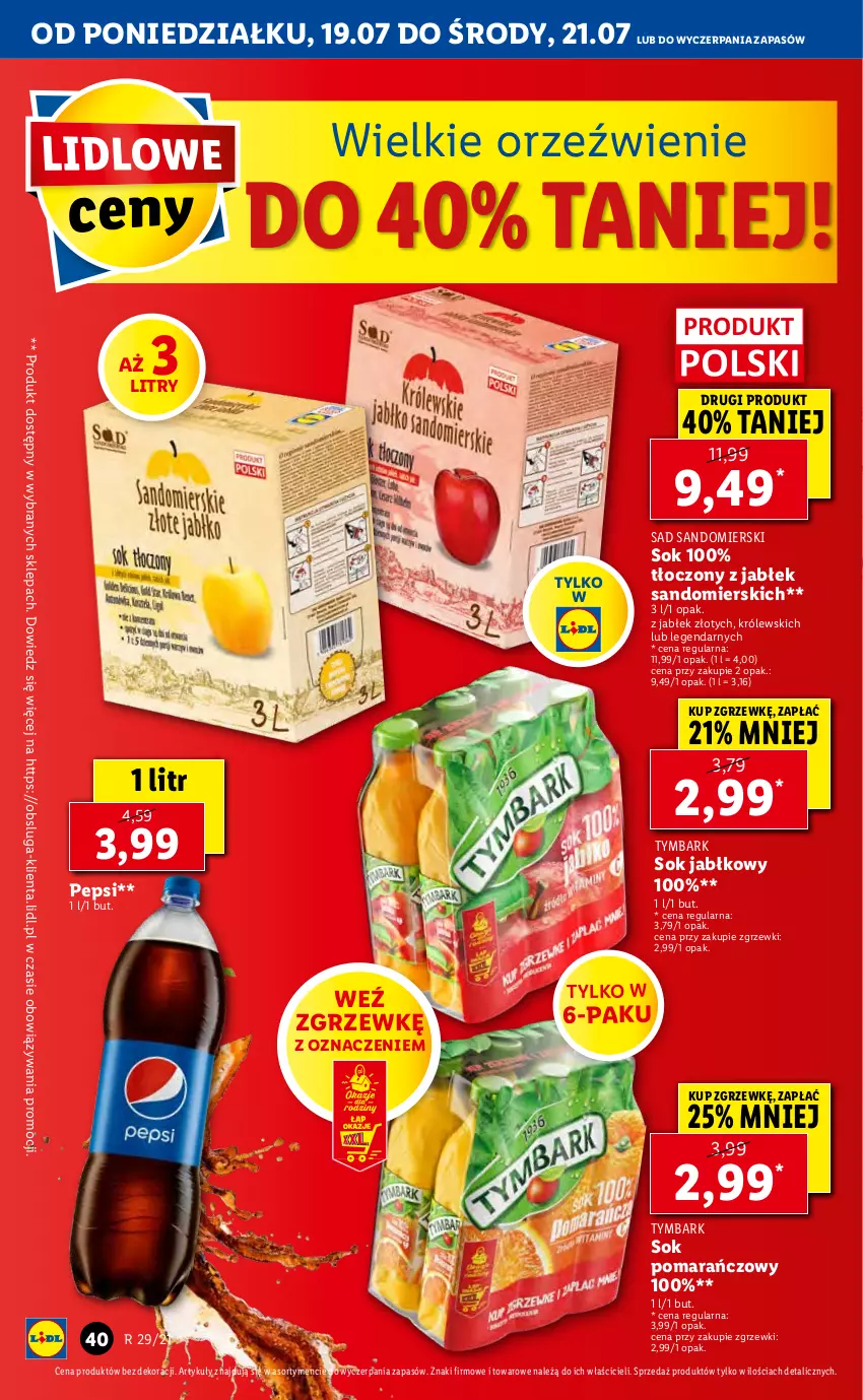 Gazetka promocyjna Lidl - GAZETKA - ważna 19.07 do 21.07.2021 - strona 40 - produkty: Królewski, Pepsi, Sok, Sok jabłkowy, Sok pomarańczowy, Tymbark