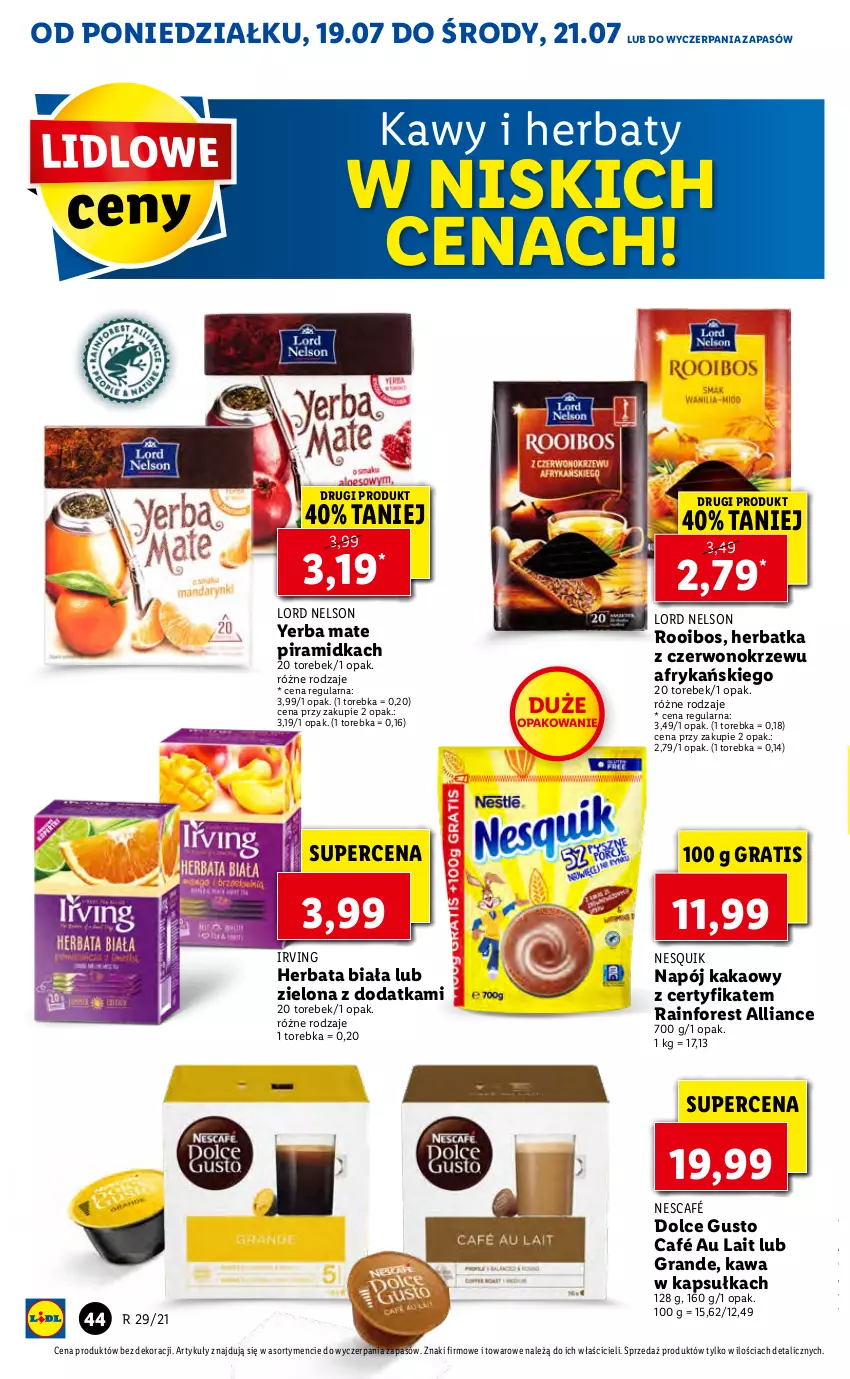 Gazetka promocyjna Lidl - GAZETKA - ważna 19.07 do 21.07.2021 - strona 44 - produkty: Dolce Gusto, Gra, Herbata, Irving, Kakao, Kawa, Napój, Nescafé, Nesquik, Torebka