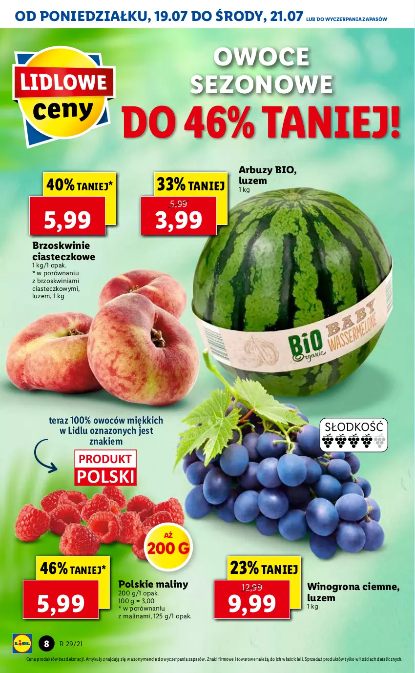 Gazetka promocyjna Lidl - GAZETKA - ważna 19.07 do 21.07.2021 - strona 8 - produkty: Arbuz, Brzoskwinie, Maliny, Owoce, Por, Tera, Wino, Winogrona