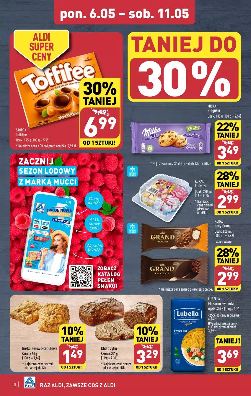 Gazetka promocyjna Aldi - Pełna oferta - ważna 06.05 do 11.05.2024 - strona 10 - produkty: Bell, Bella, Bułka, Chleb, Gra, Lody, Lubella, Makaron, Milka, Ser, Sok, Toffifee