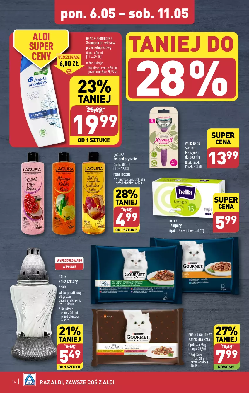 Gazetka promocyjna Aldi - Pełna oferta - ważna 06.05 do 11.05.2024 - strona 14 - produkty: Bell, Bella, Pur, Purina, Szampon, Tampony, Wilkinson Sword, Znicz