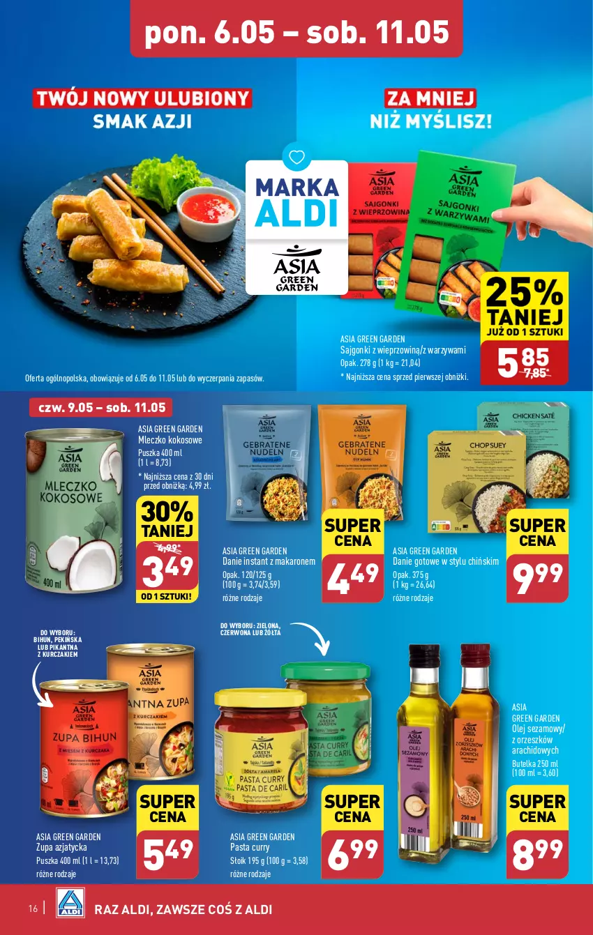 Gazetka promocyjna Aldi - Pełna oferta - ważna 06.05 do 11.05.2024 - strona 16 - produkty: Danie gotowe, Kokos, Kurczak, Makaron, Mleczko, Olej, Olej sezamowy, Sajgonki, Sezam, Warzywa, Zupa