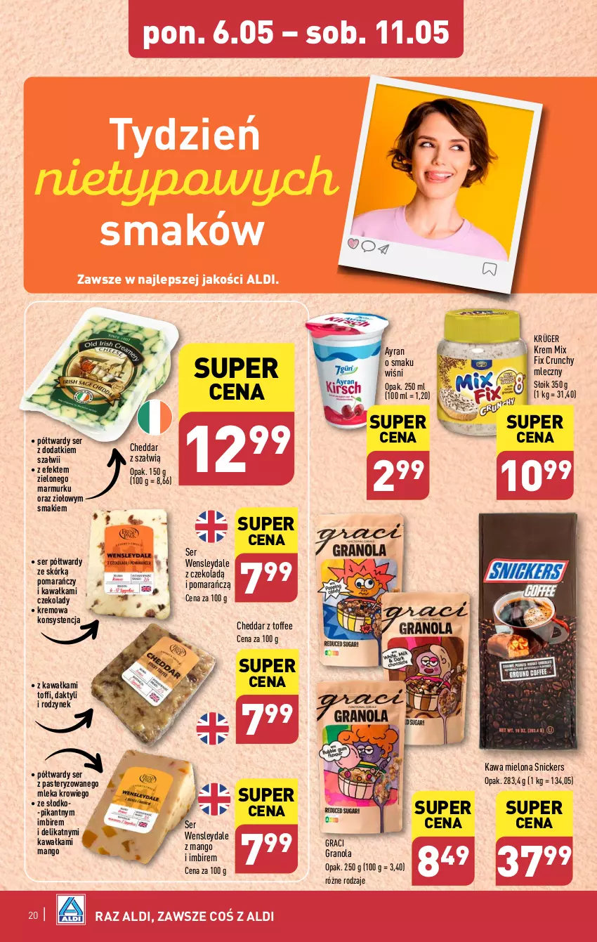 Gazetka promocyjna Aldi - Pełna oferta - ważna 06.05 do 11.05.2024 - strona 20 - produkty: Cheddar, Gra, Granola, Imbir, Kawa, Kawa mielona, Mango, Ser, Snickers