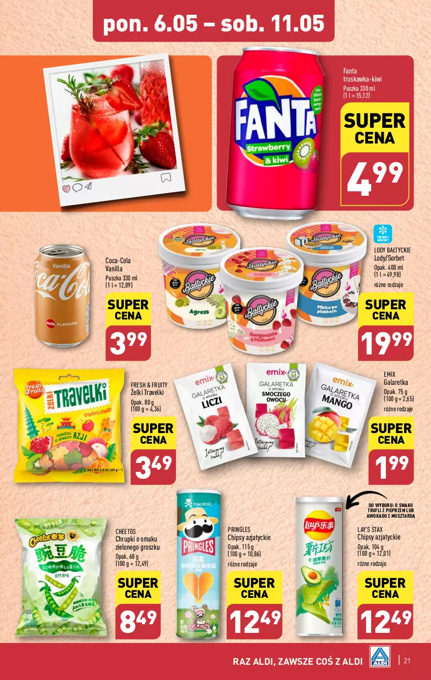 Gazetka promocyjna Aldi - Pełna oferta - ważna 06.05 do 11.05.2024 - strona 21 - produkty: Cheetos, Chipsy, Chrupki, Coca-Cola, Fa, Fanta, Gala, Galaretka, Kiwi, Lay’s, Lody, Mus, Pieprz, Pringles