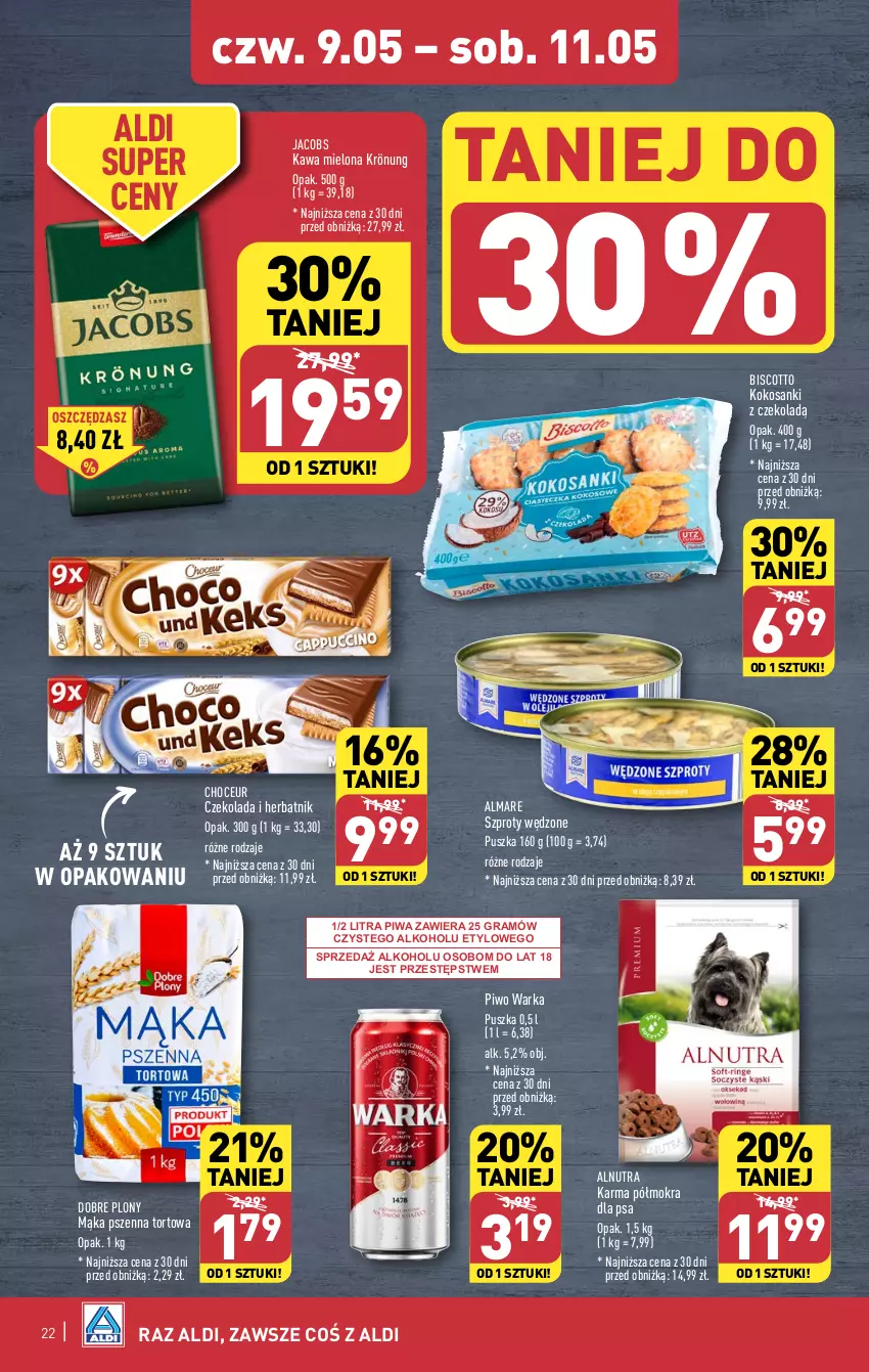 Gazetka promocyjna Aldi - Pełna oferta - ważna 06.05 do 11.05.2024 - strona 22 - produkty: Czekolada, Gra, Jacobs, Kawa, Kawa mielona, Kokos, Mąka, Mąka pszenna, Piwa, Piwo, Sanki, Szprot, Warka