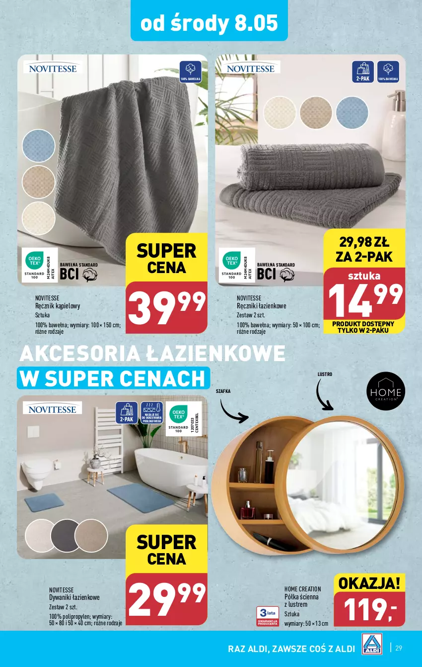 Gazetka promocyjna Aldi - Pełna oferta - ważna 06.05 do 11.05.2024 - strona 29 - produkty: Dywan, Dywanik, Lustro, Półka, Ręcznik, Ręcznik kąpielowy, Szafka, Wełna