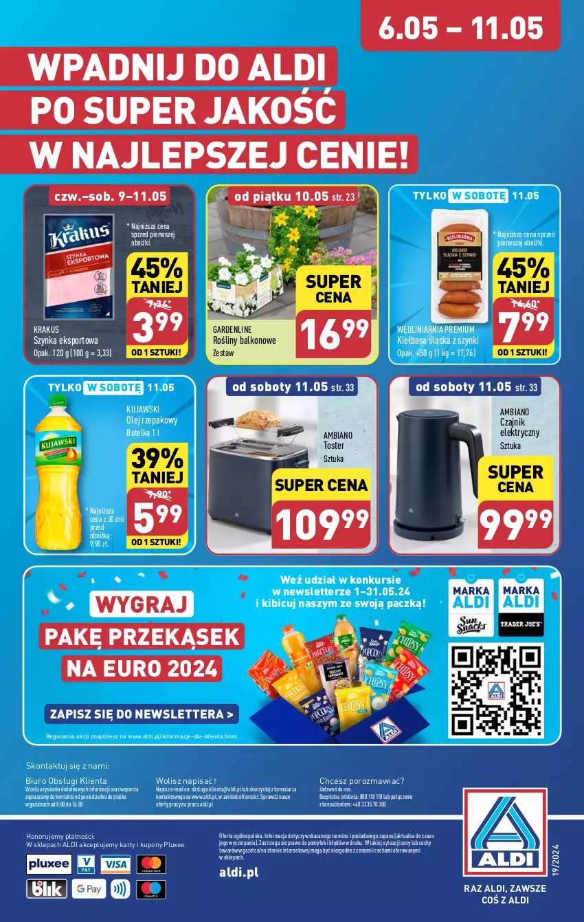 Gazetka promocyjna Aldi - Pełna oferta - ważna 06.05 do 11.05.2024 - strona 36 - produkty: BIC, Biuro, Czajnik, Czajnik elektryczny, Gra, Kiełbasa, Kiełbasa śląska, Krakus, Kujawski, O nas, Olej, Olej rzepakowy, Por, Sport, Szynka, Tera, Toster