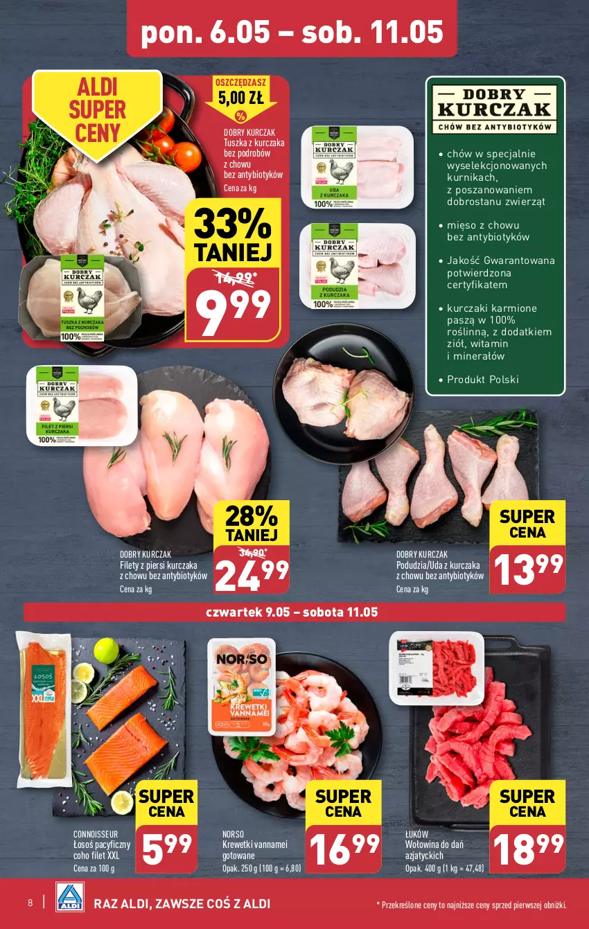 Gazetka promocyjna Aldi - Pełna oferta - ważna 06.05 do 11.05.2024 - strona 8 - produkty: Karmi, Krewetki, Kurczak, Mięso, Tusz, Wołowina