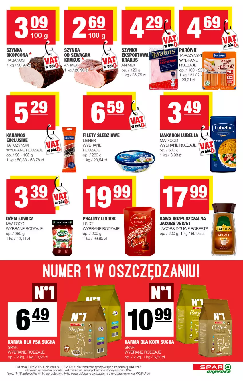 Gazetka promocyjna Spar - SparExpress - ważna 02.03 do 12.03.2022 - strona 3 - produkty: Bell, Bella, Dżem, Gra, Jacobs, Jacobs Velvet, Kabanos, Kawa, Kawa rozpuszczalna, Krakus, Lindor, Lindt, Lisner, Lubella, Makaron, Parówki, Por, Praliny, Sok, Sport, Szynka, Tarczyński, Velvet