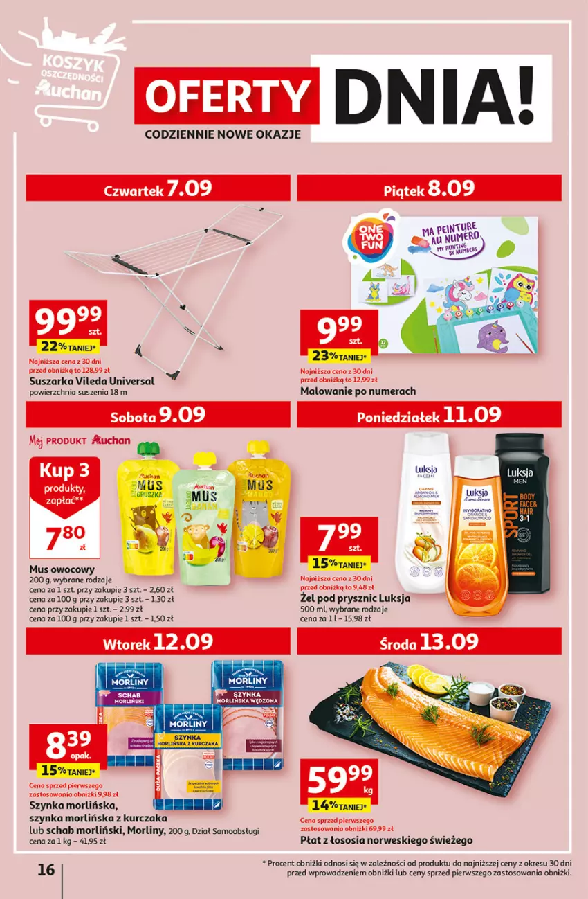 Gazetka promocyjna Auchan - Gazetka Rewelacyjnie małe CENY! Hipermarket Auchan - ważna 07.09 do 13.09.2023 - strona 16 - produkty: Kurczak, Luksja, Morliny, Mus, Sos, Suszarka, Szynka, Vileda