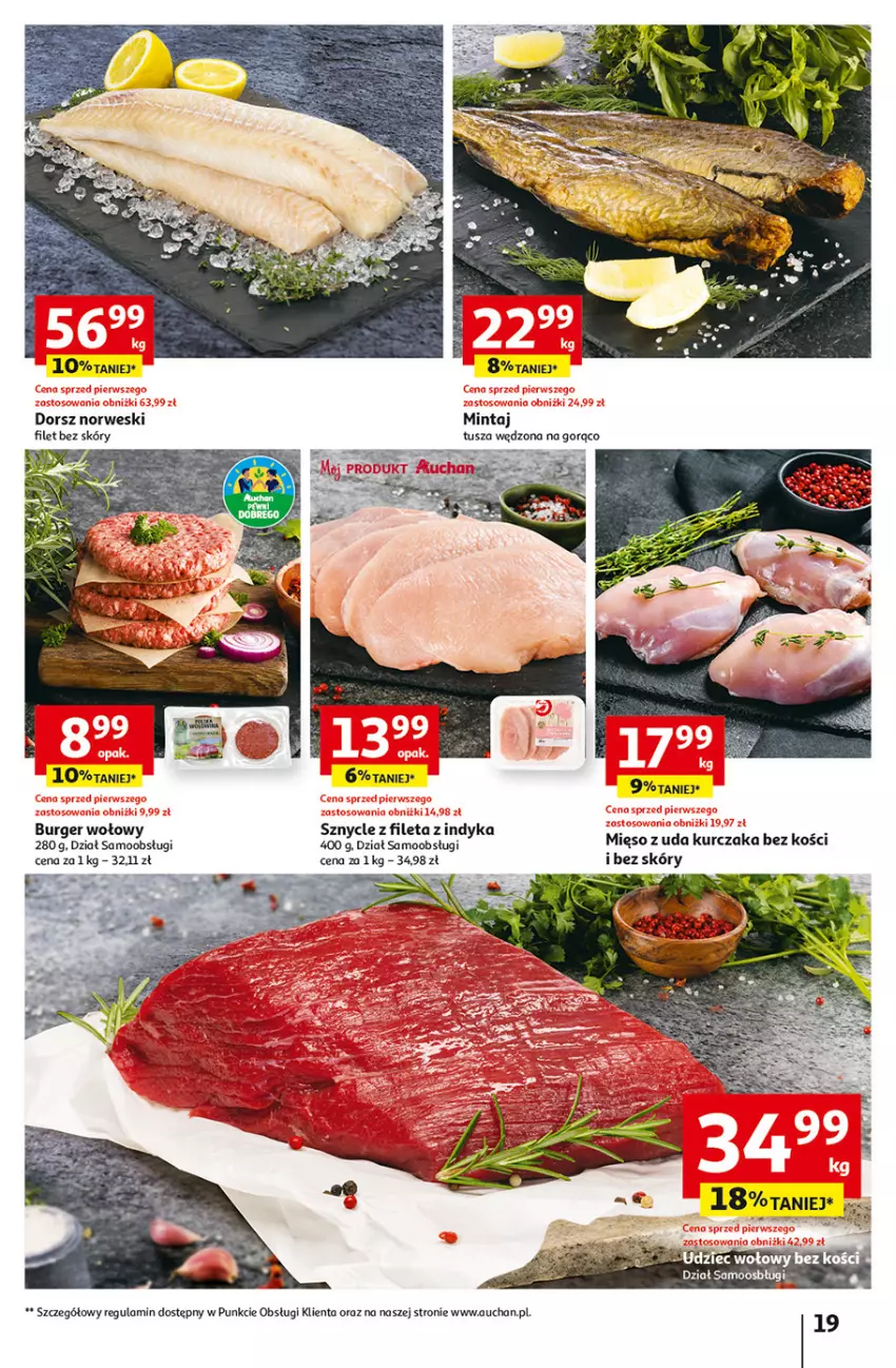 Gazetka promocyjna Auchan - Gazetka Rewelacyjnie małe CENY! Hipermarket Auchan - ważna 07.09 do 13.09.2023 - strona 19 - produkty: Burger, Dorsz, Kurczak, Mięso, Mięso z uda kurczaka, Mintaj, Tusz, Udziec wołowy