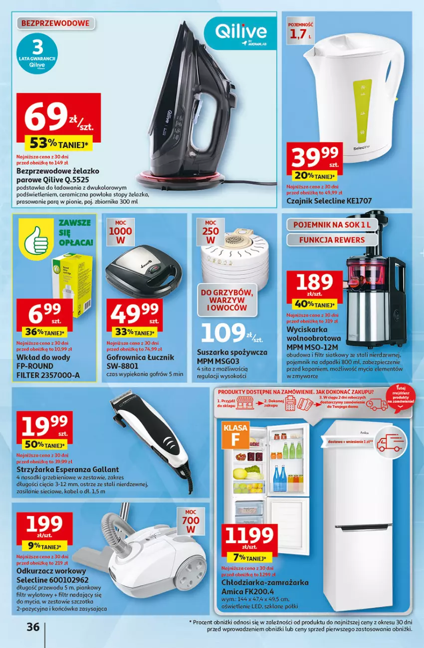 Gazetka promocyjna Auchan - Gazetka Rewelacyjnie małe CENY! Hipermarket Auchan - ważna 07.09 do 13.09.2023 - strona 36 - produkty: Amica, Chłodziarka, Clin, Czajnik, K2, Odkurzacz, Piec, Pojemnik, Silan, Sok, Suszarka, Szczotka, Top, Wyciskarka, Zamrażarka