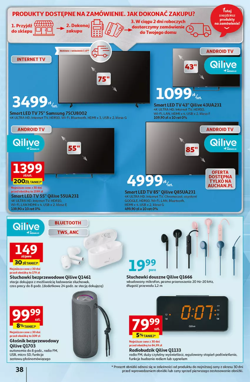 Gazetka promocyjna Auchan - Gazetka Rewelacyjnie małe CENY! Hipermarket Auchan - ważna 07.09 do 13.09.2023 - strona 38 - produkty: Android TV, Budzik, Głośnik, LED TV, Mikrofon, Radiobudzik, Samsung, Słuchawki, Słuchawki bezprzewodowe, Top