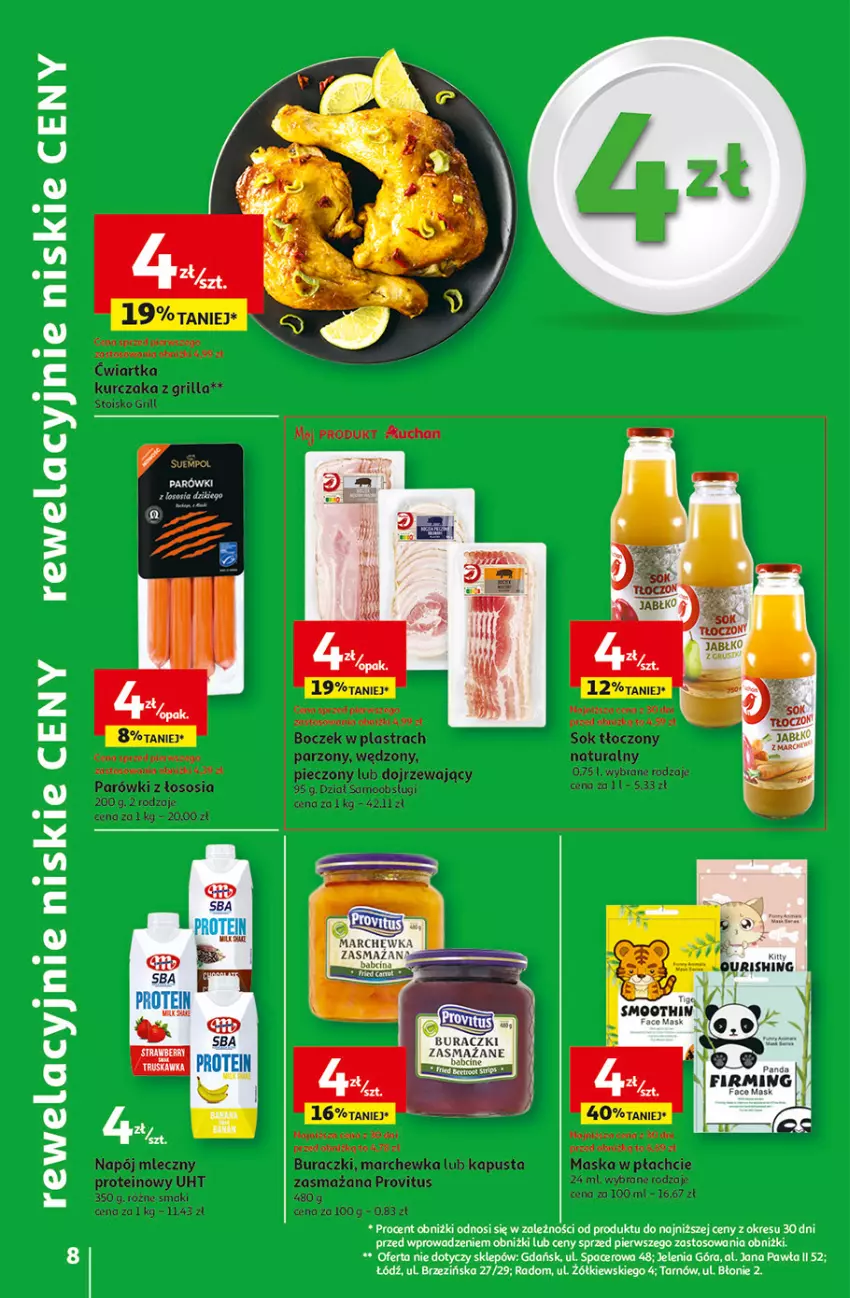 Gazetka promocyjna Auchan - Gazetka Rewelacyjnie małe CENY! Hipermarket Auchan - ważna 07.09 do 13.09.2023 - strona 8 - produkty: Acer, Boczek, Buraczki, Grill, Kurczak, Marchewka, Maska, Maska w płachcie, Napój, Napój mleczny, Parówki, Piec, Sok, Sos