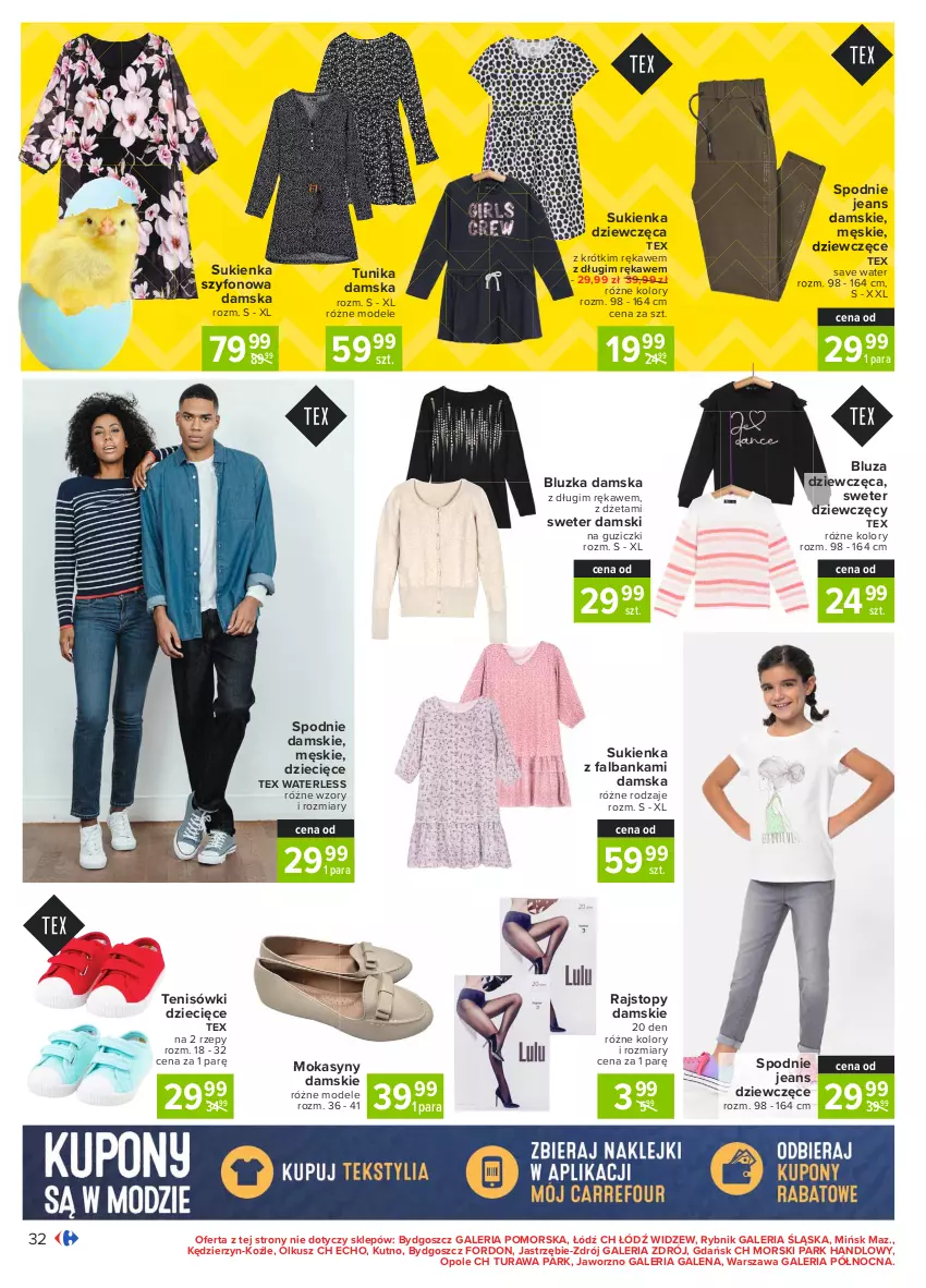 Gazetka promocyjna Carrefour - Gazetka Carrefour - ważna 15.03 do 22.03.2021 - strona 32 - produkty: Bluza, Dzieci, Fa, Mokasyny, Rajstopy, Spodnie, Spodnie jeans, Sukienka, Sweter, Tenisówki, Top, Tunika