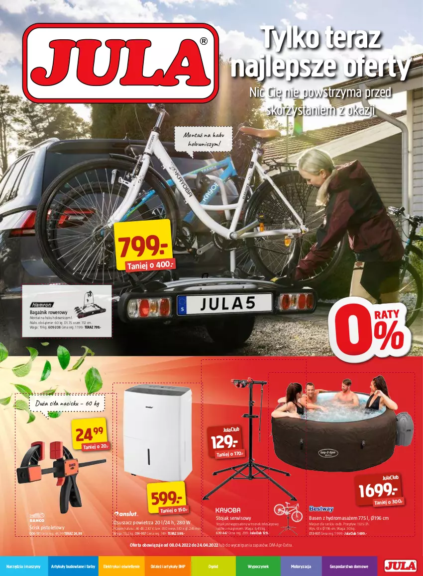 Gazetka promocyjna Jula - Gazetka - ważna 08.04 do 24.04.2022 - strona 1 - produkty: Artykuły budowlane, Fa, HP, Ogród, Osuszacz powietrza, Pistolet, Rower, Ser, Stojak, Szyny, Teleskop, Tera, Waga