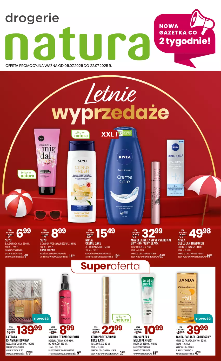 Gazetka promocyjna Drogerie Natura - Gazetka Drogerie Natura - ważna 05.07 do 22.07.2025 - strona 1 - produkty: Balsam do ciała, Bell, Fa, KOBO, Krem do twarzy, Lack, Maybelline, Nivea, Parasol, Pasta do zębów, Perfum, Perła, Rum, Sati, Ser, Serum, Serum do twarzy, Szampon, Tusz, Woda, Woda perfumowana