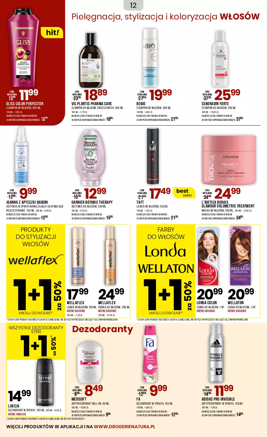 Gazetka promocyjna Drogerie Natura - Gazetka Drogerie Natura - ważna 05.07 do 22.07.2025 - strona 12 - produkty: Adidas, Antyperspirant, Babuni, Biovax, Dezodorant, Fa, Farba do włosów, Garnier, Joanna, Lakier, Lakier do włosów, Luksja, Maska, Maska do włosów, Odżywka, Pianka do włosów, Seboradin, Str8, Szampon, Taft, Wella, Wellaflex