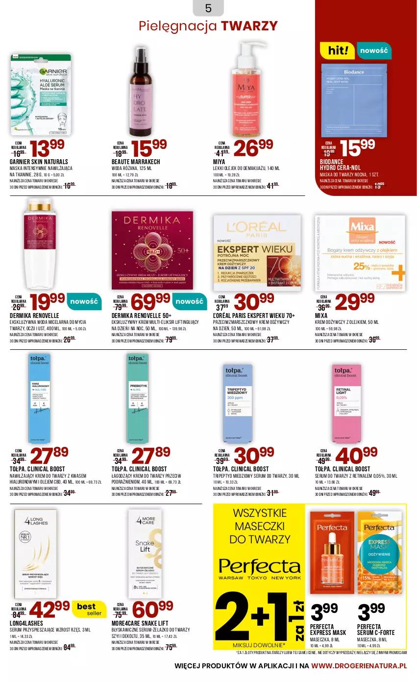 Gazetka promocyjna Drogerie Natura - Gazetka Drogerie Natura - ważna 05.07 do 22.07.2025 - strona 5 - produkty: Clin, Dermika, Garnier, Krem do twarzy, Krem odżywczy, Makijaż, Mars, Maska, Maska do twarzy, Mixa, Olej, Olejek do demakijażu, Perfecta, Róża, Rum, Ser, Serum, Serum do twarzy, Tołpa, Woda, Woda micelarna