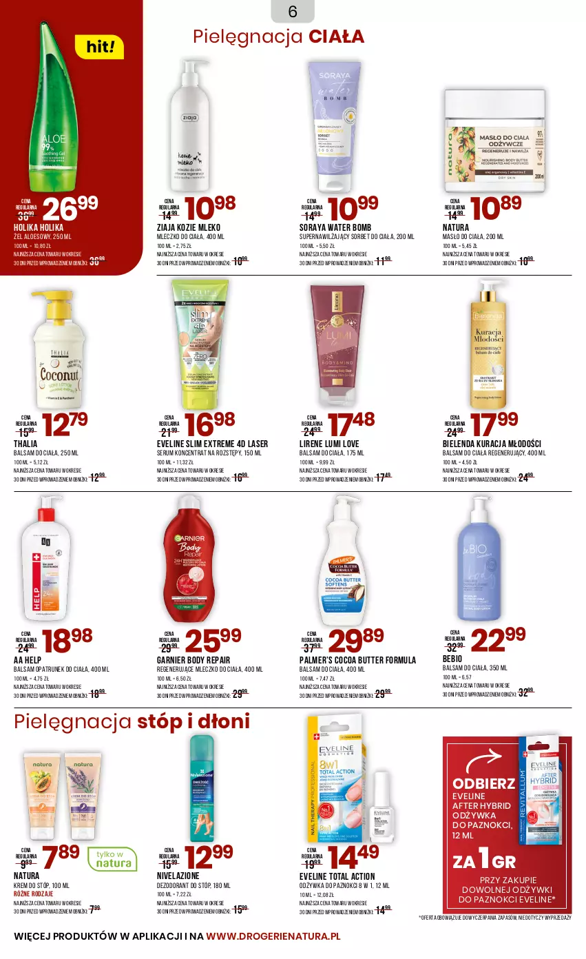 Gazetka promocyjna Drogerie Natura - Gazetka Drogerie Natura - ważna 05.07 do 22.07.2025 - strona 6 - produkty: Balsam do ciała, Bielenda, Body, Dezodorant, Eveline, Garnier, Holika Holika, Krem do stóp, Lirene, Masło, Masło do ciała, Mleczko, Mleczko do ciała, Mleko, Nivelazione, Odżywka, Rum, Ser, Serum, Ziaja