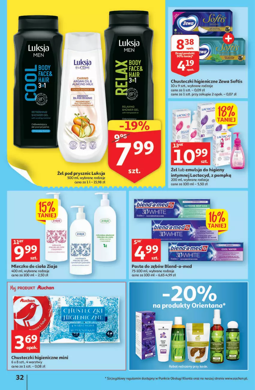 Gazetka promocyjna Auchan - Szkoła oszczędzania Hipermarkety 25-31.08 - ważna 25.08 do 31.08.2022 - strona 32 - produkty: Blend-a-Med, Chusteczki, Emulsja, Fa, Lactacyd, LG, Luksja, Mleczko, Mleczko do ciała, Pasta do zębów, Ziaja