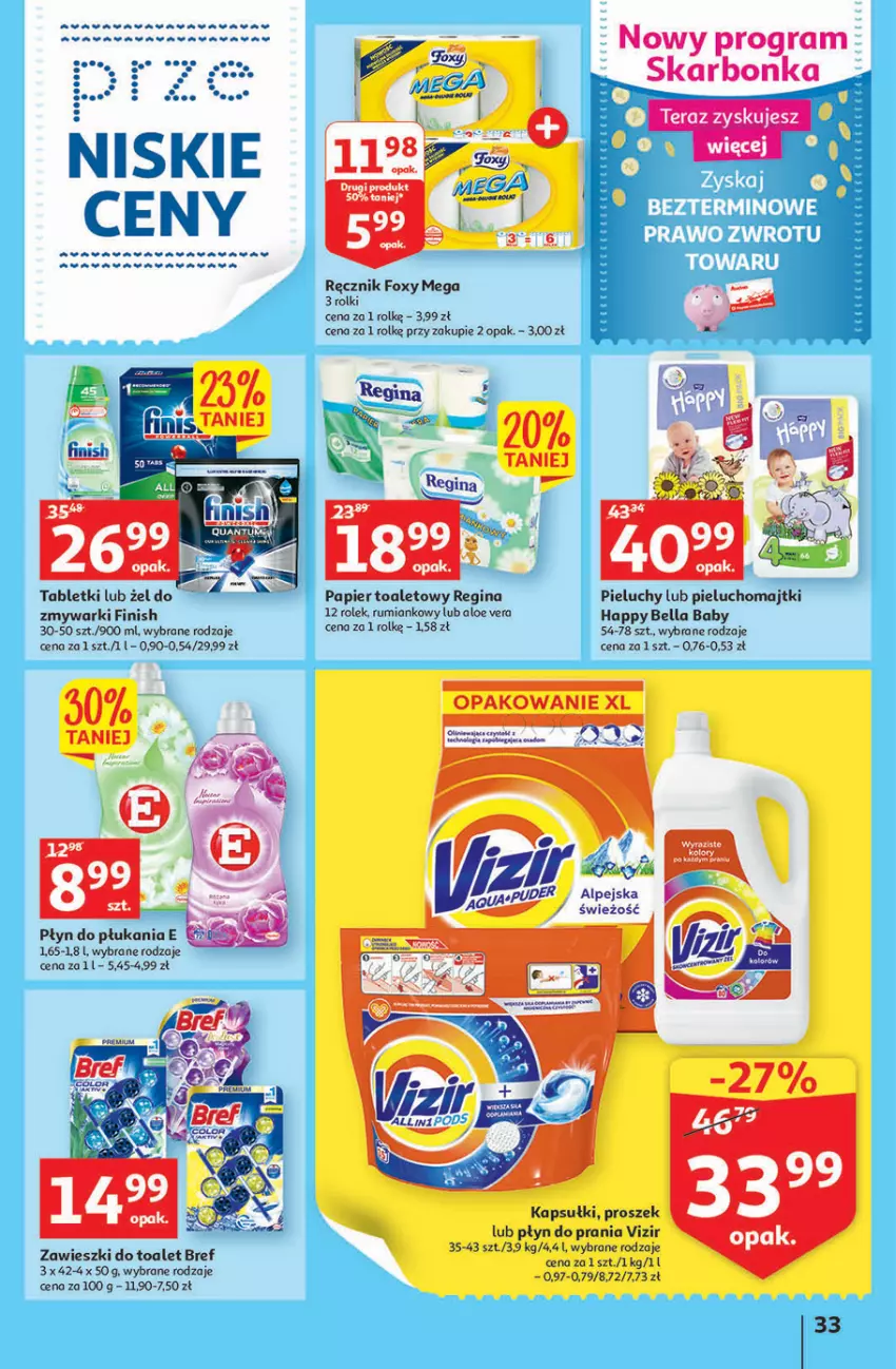 Gazetka promocyjna Auchan - Szkoła oszczędzania Hipermarkety 25-31.08 - ważna 25.08 do 31.08.2022 - strona 33 - produkty: Aloe vera, Bell, Bella, Bref, Finish, Foxy, Gin, Gra, Majtki, Papier, Papier toaletowy, Pieluchomajtki, Pieluchy, Płyn do prania, Puder, Ręcznik, Rolki, Rum, Tablet, Vizir, Zawieszki, Zmywarki