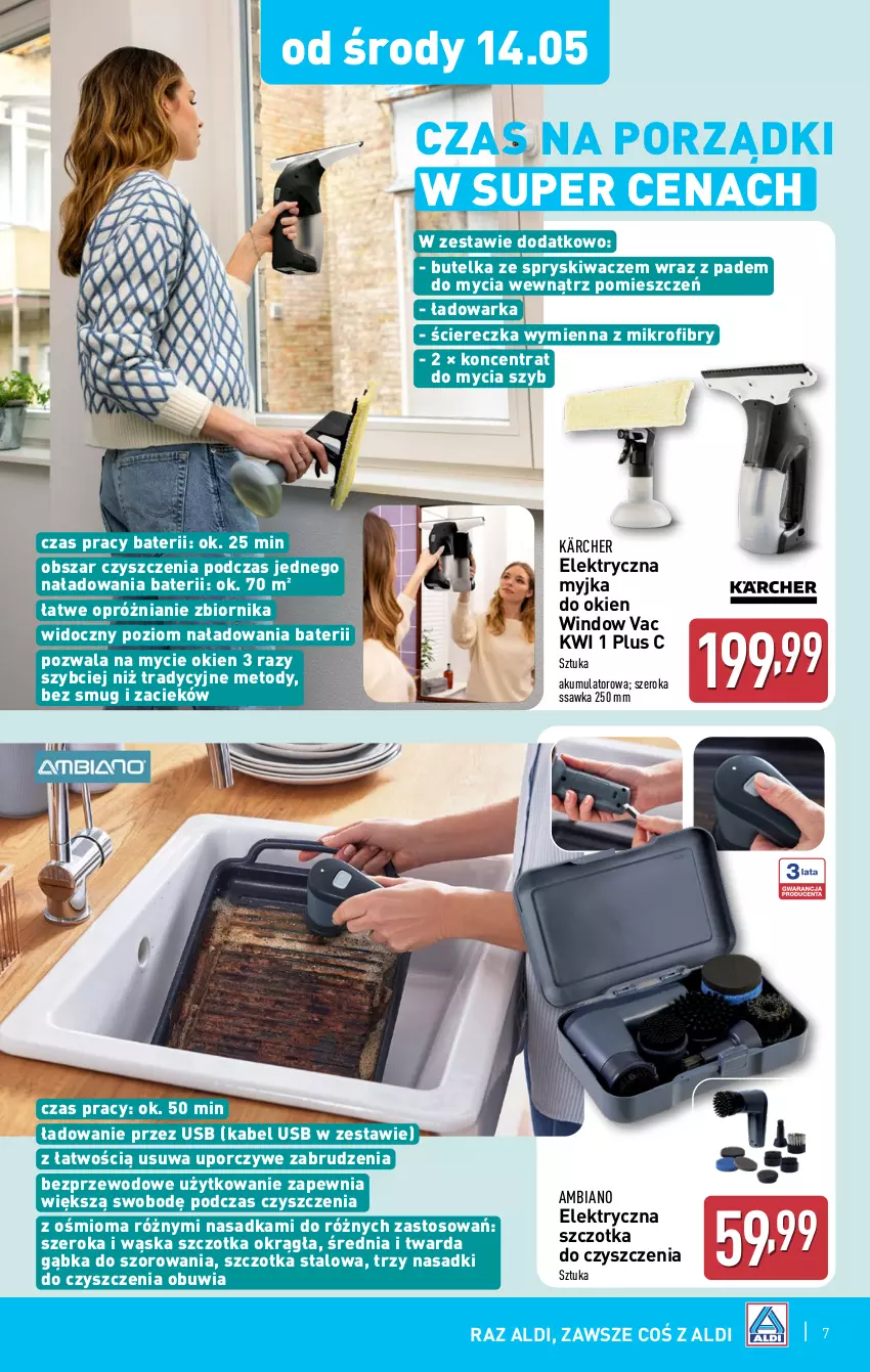 Gazetka promocyjna Aldi - Artykuły przemysłowe i tekstylia - ważna 14.05 do 17.05.2025 - strona 7 - produkty: Akumulator, Butelka ze spryskiwaczem, Kabel USB, Kärcher, Myjka do okien, Por, Szczotka, Warka