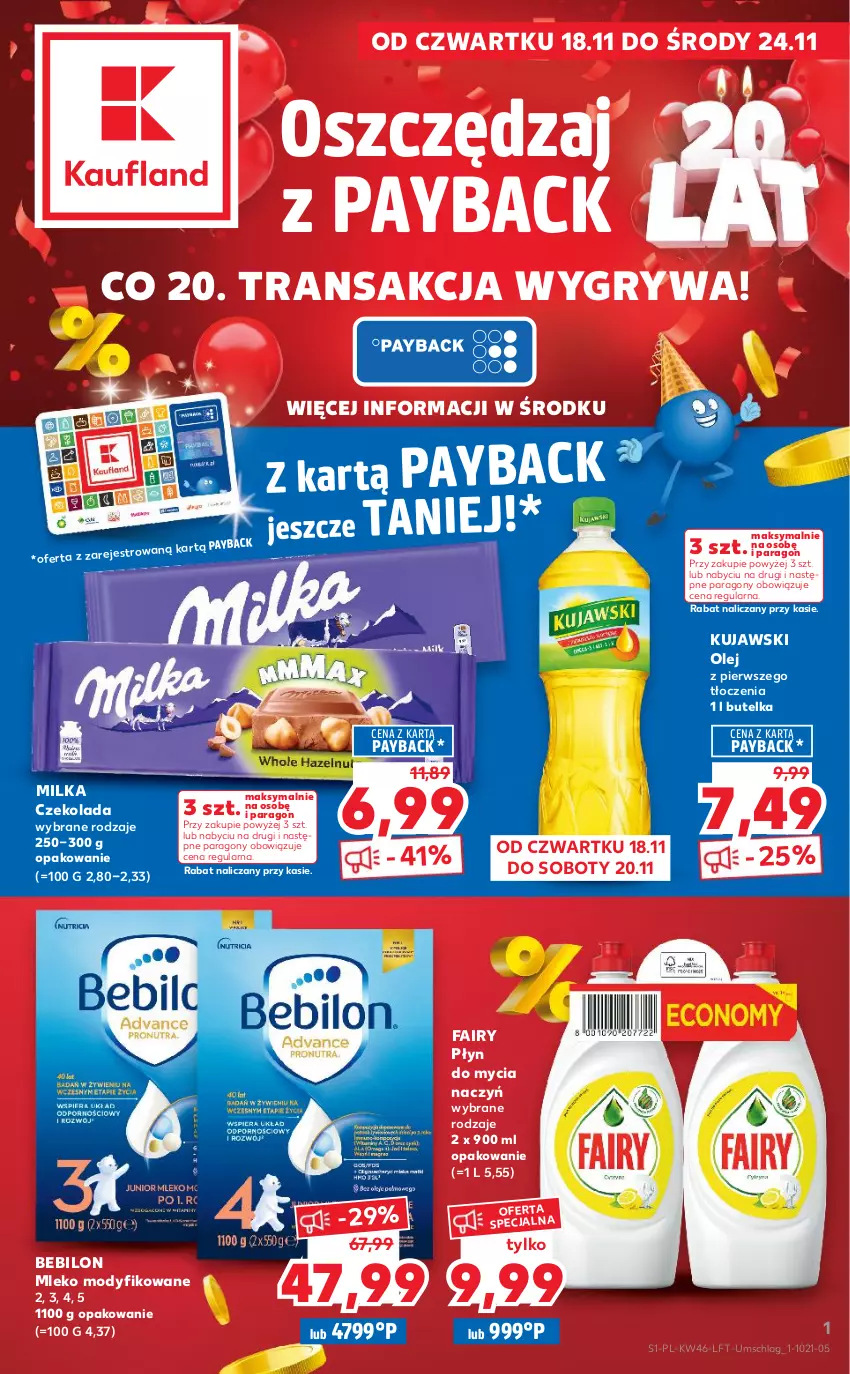 Gazetka promocyjna Kaufland - OFERTA TYGODNIA - ważna 18.11 do 24.11.2021 - strona 1 - produkty: Czekolada, Do mycia naczyń, Fa, Fairy, Gry, Kujawski, Milka, Mleko, Mleko modyfikowane, Olej, Płyn do mycia, Płyn do mycia naczyń, Tran