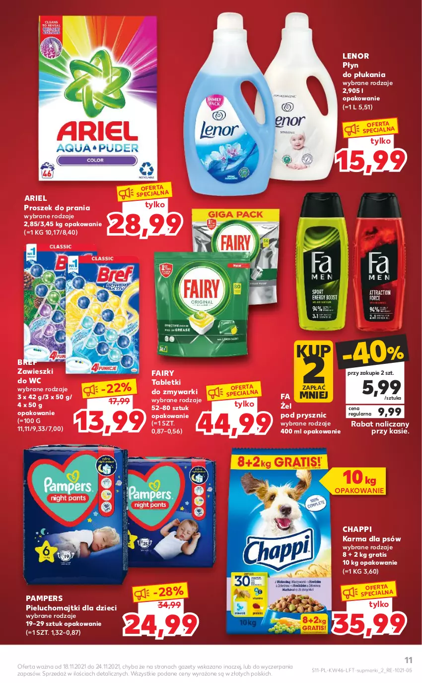 Gazetka promocyjna Kaufland - OFERTA TYGODNIA - ważna 18.11 do 24.11.2021 - strona 11 - produkty: Ariel, Bref, Chappi, Dzieci, Fa, Fairy, Gra, Lenor, Majtki, Pampers, Pieluchomajtki, Płyn do płukania, Proszek do prania, Tablet, Tabletki do zmywarki, Zawieszki, Zmywarki