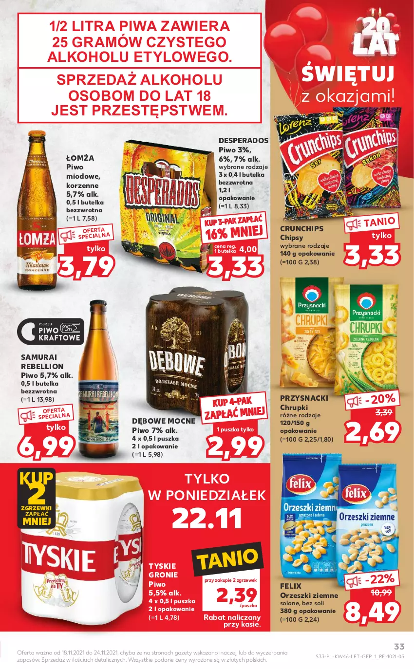 Gazetka promocyjna Kaufland - OFERTA TYGODNIA - ważna 18.11 do 24.11.2021 - strona 33 - produkty: Bell, Chipsy, Chrupki, Crunchips, Desperados, Felix, Gra, Lion, Orzeszki, Orzeszki ziemne, Piwa, Piwo, Przysnacki, Tyskie