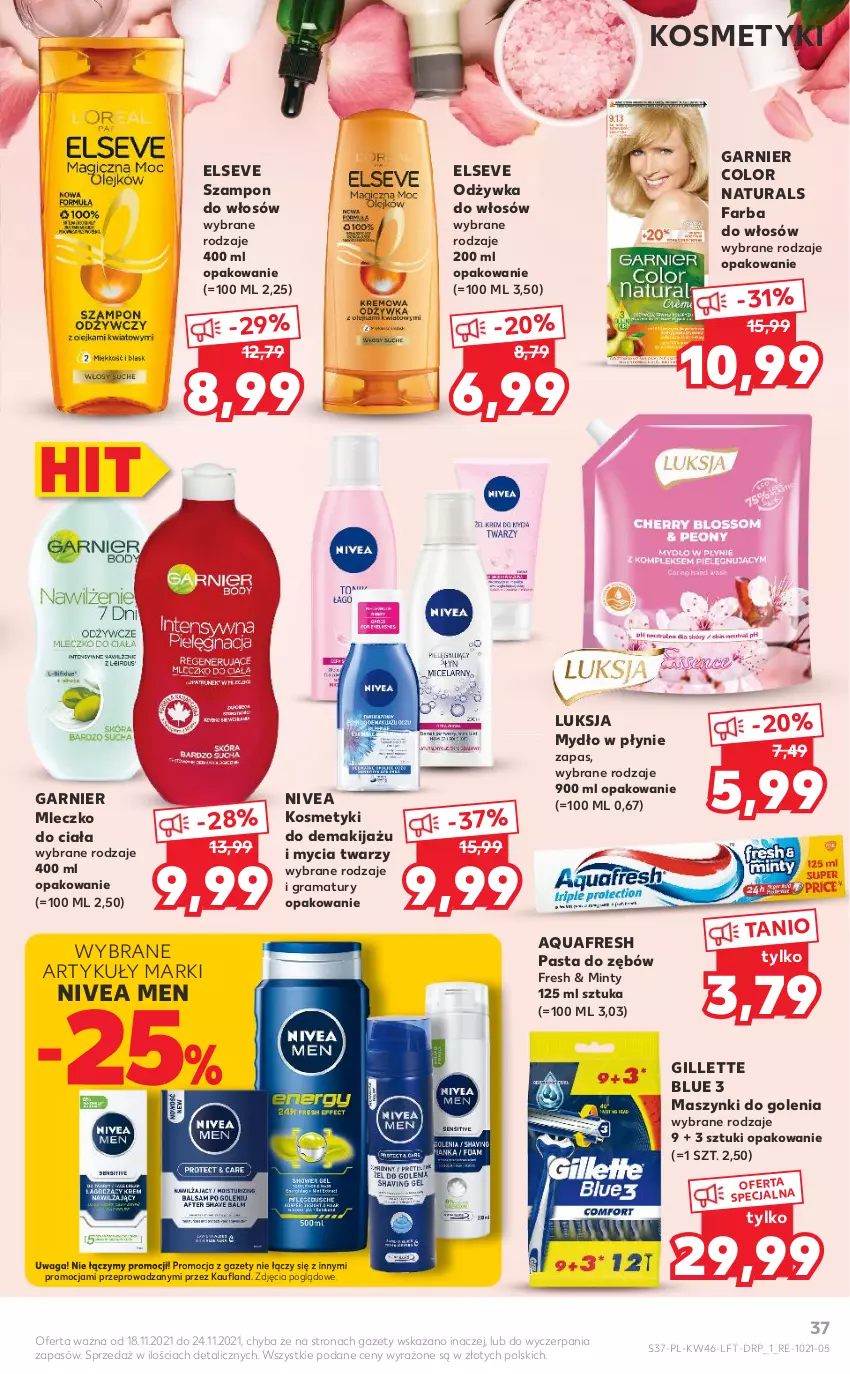 Gazetka promocyjna Kaufland - OFERTA TYGODNIA - ważna 18.11 do 24.11.2021 - strona 37 - produkty: Aquafresh, Elseve, Fa, Farba do włosów, Garnier, Gillette, Gra, Luksja, Makijaż, Mleczko, Mleczko do ciała, Mydło, Mydło w płynie, Nivea, Nivea Men, Odżywka, Pasta do zębów, Rama, Szampon, Waga