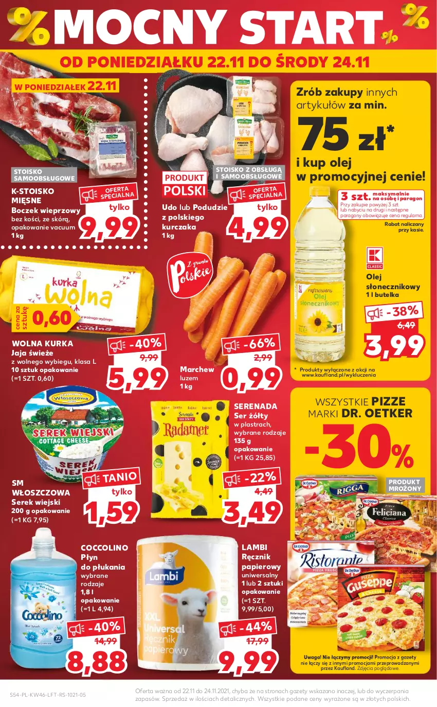 Gazetka promocyjna Kaufland - OFERTA TYGODNIA - ważna 18.11 do 24.11.2021 - strona 54 - produkty: Boczek, Boczek wieprzowy, Coccolino, Dr. Oetker, Jaja, Kurczak, Olej, Olej słonecznikowy, Papier, Płyn do płukania, Ręcznik, Ser, Serek, Serek wiejski, Waga