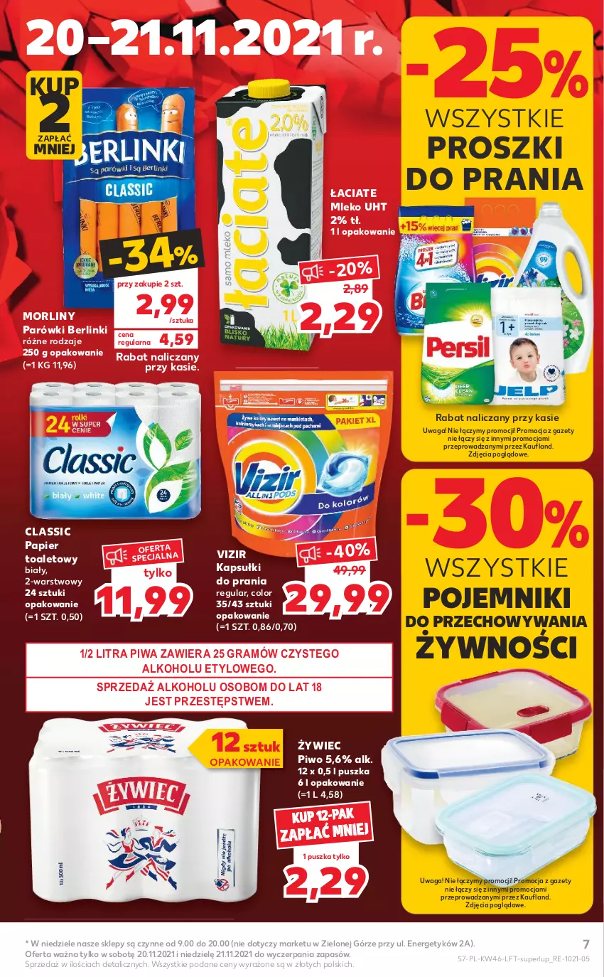 Gazetka promocyjna Kaufland - OFERTA TYGODNIA - ważna 18.11 do 24.11.2021 - strona 7 - produkty: Berlinki, Gra, Kapsułki do prania, Mleko, Morliny, Papier, Papier toaletowy, Parówki, Piwa, Piwo, Pojemnik, Vizir, Waga