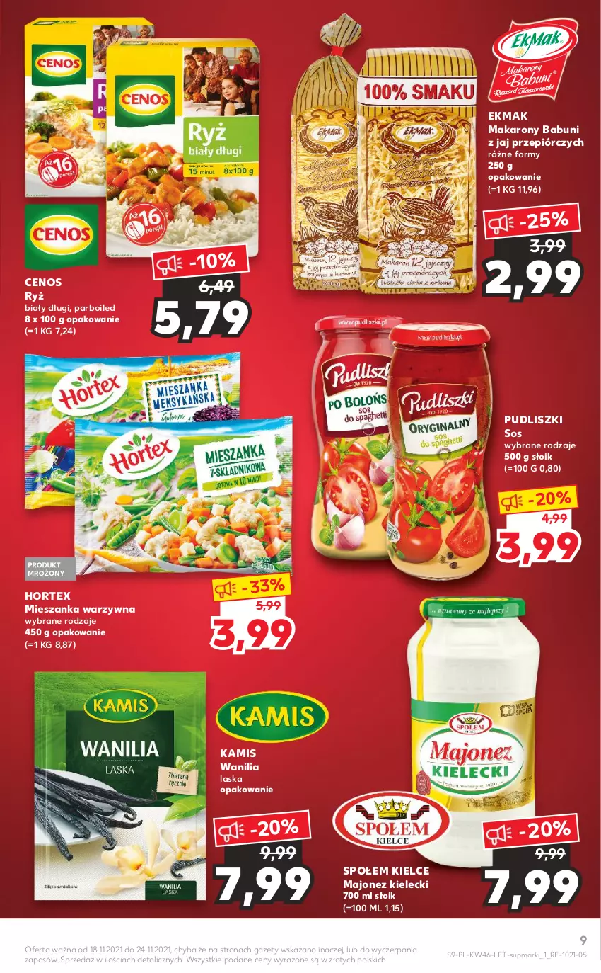 Gazetka promocyjna Kaufland - OFERTA TYGODNIA - ważna 18.11 do 24.11.2021 - strona 9 - produkty: Babuni, Cenos, Hortex, Kamis, Majonez, Makaron, Mieszanka warzyw, Pudliszki, Ryż, Ryż biały, Sos