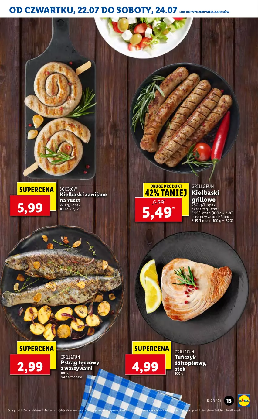 Gazetka promocyjna Lidl - GAZETKA - ważna 22.07 do 24.07.2021 - strona 15 - produkty: Grill, Pstrąg, Pstrąg tęczowy, Sok, Sokołów, Stek, Top, Tuńczyk, Warzywa