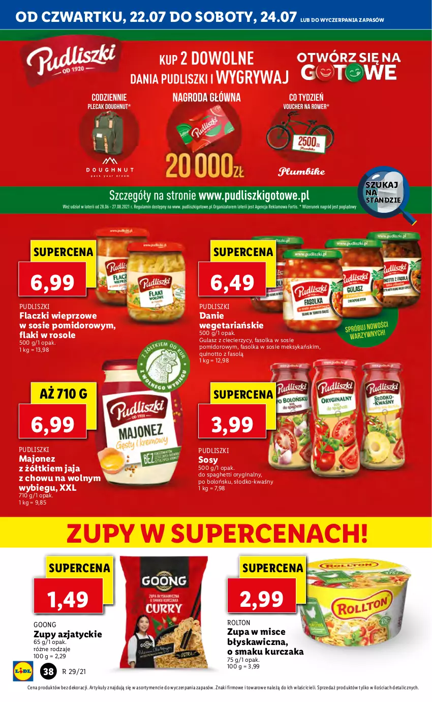 Gazetka promocyjna Lidl - GAZETKA - ważna 22.07 do 24.07.2021 - strona 38 - produkty: Fa, Flaki, Gin, Jaja, Kurczak, Majonez, Pudliszki, Sos, Spaghetti, Zupa