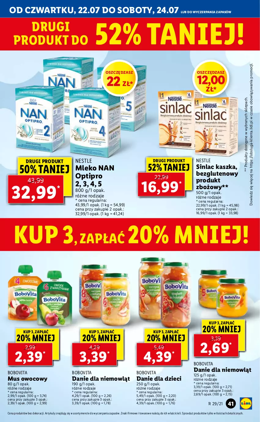 Gazetka promocyjna Lidl - GAZETKA - ważna 22.07 do 24.07.2021 - strona 41 - produkty: BoboVita, Danie dla dzieci, Dzieci, Mleko, Mus, NAN Optipro, Sinlac