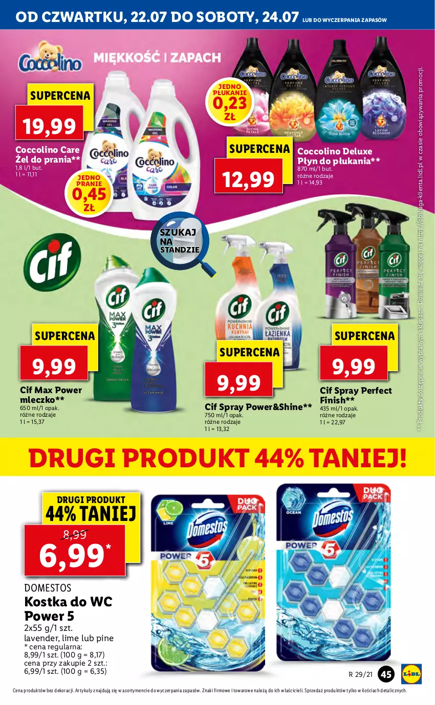 Gazetka promocyjna Lidl - GAZETKA - ważna 22.07 do 24.07.2021 - strona 45 - produkty: Cif, Coccolino, Domestos, Finish, Kostka do wc, Mleczko, Płyn do płukania