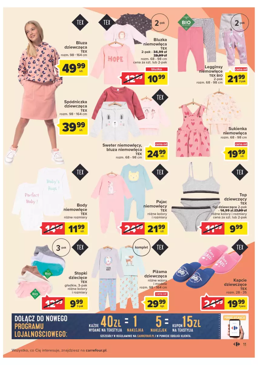 Gazetka promocyjna Carrefour - Gazetka Poznaj modne strony jesieni - ważna 06.09 do 17.09.2022 - strona 11 - produkty: Bluza, Body, Dzieci, Figi, Gin, Gra, Kapcie, Klej, Legginsy, Pajac, Piżama, Sukienka, Sweter, Top