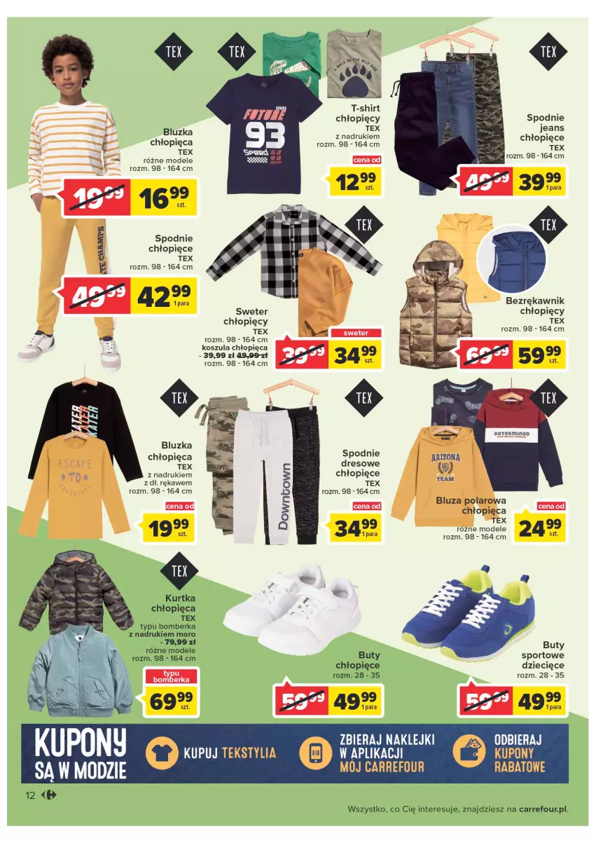 Gazetka promocyjna Carrefour - Gazetka Poznaj modne strony jesieni - ważna 06.09 do 17.09.2022 - strona 12 - produkty: Bluza, Bluza polarowa, Buty, Dres, Dzieci, Klej, Kosz, Koszula, Kurtka, LG, Por, Spodnie, Spodnie dresowe, Spodnie jeans, Sport, Sweter, T-shirt