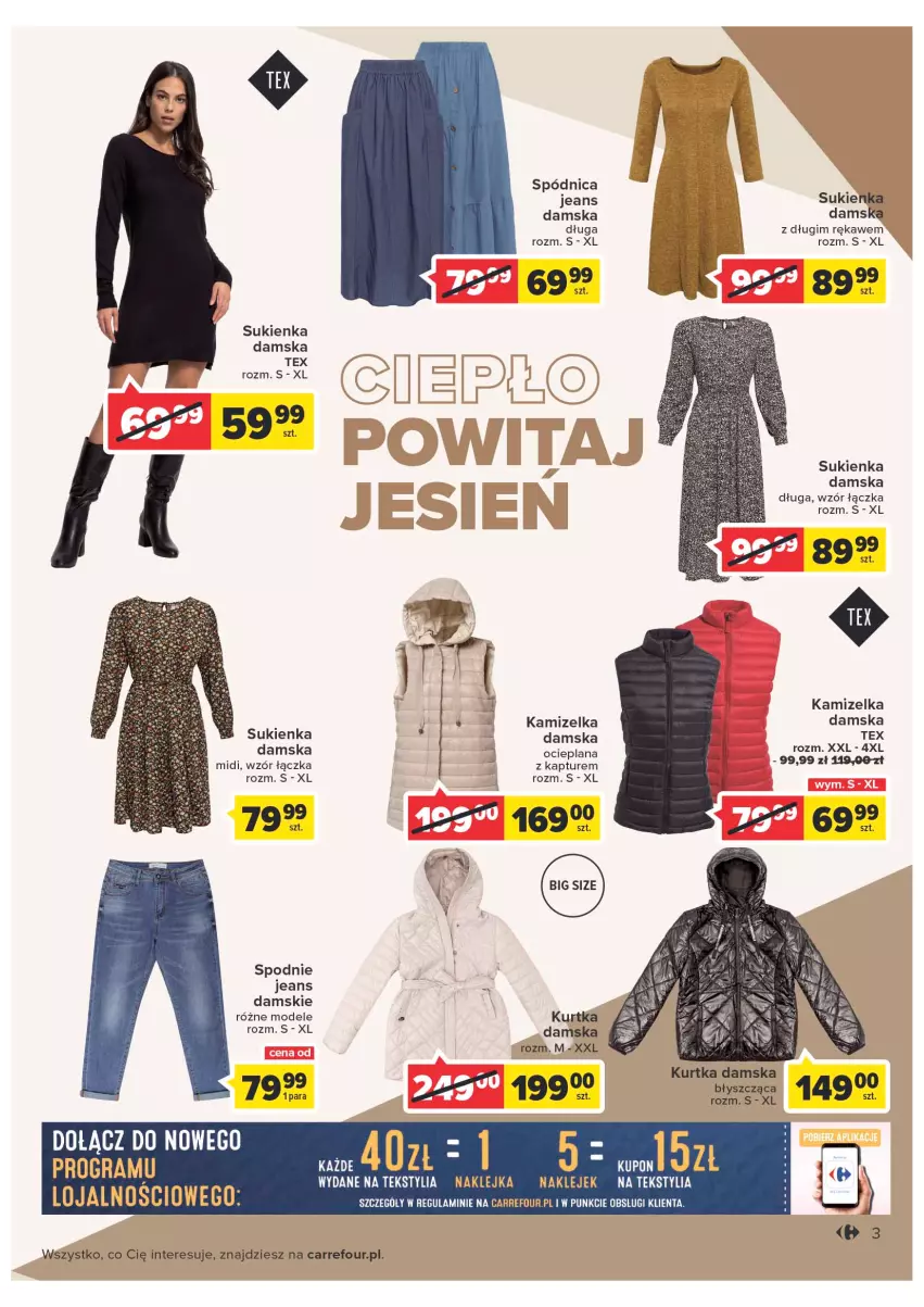 Gazetka promocyjna Carrefour - Gazetka Poznaj modne strony jesieni - ważna 06.09 do 17.09.2022 - strona 3 - produkty: Gra, Kamizelka, Klej, Kurtka, LANA, Spódnica, Spodnie, Spodnie jeans, Sukienka