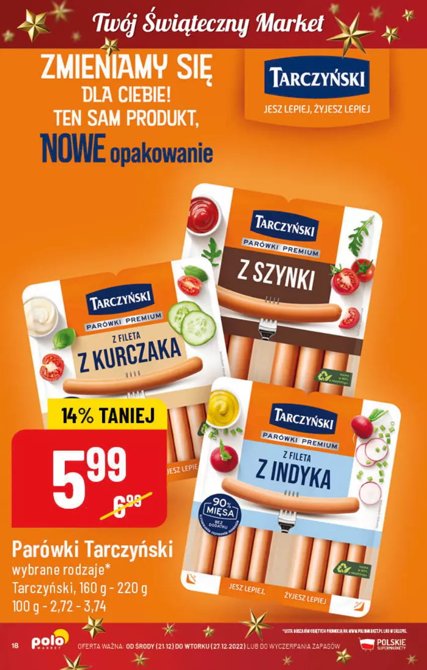 Gazetka promocyjna PoloMarket - Gazetka pomocyjna - ważna 21.12 do 27.12.2022 - strona 18 - produkty: Parówki, Tarczyński