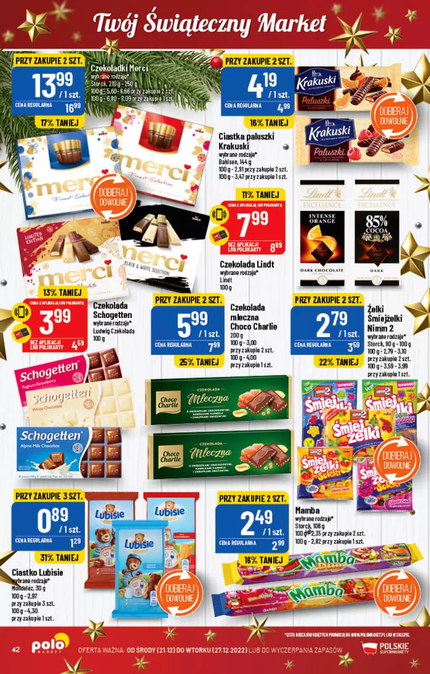 Gazetka promocyjna PoloMarket - Gazetka pomocyjna - ważna 21.12 do 27.12.2022 - strona 42 - produkty: Ciastka, Czekolada, Krakus, Krakuski, Lindt, Lubisie, Mamba