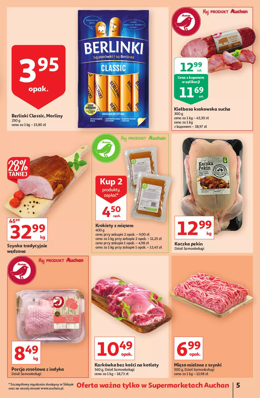 Gazetka promocyjna Auchan - przeNISKIE CENY z Maxi pakami Supermarkety - ważna 20.01 do 26.01.2022 - strona 5 - produkty: Berlinki, Kaczka, Kiełbasa, Kiełbasa krakowska, Kotlet, Krokiety, Mięso, Mięso mielone, Mięso mielone z szynki, Morliny, Parówki, Por, Szynka