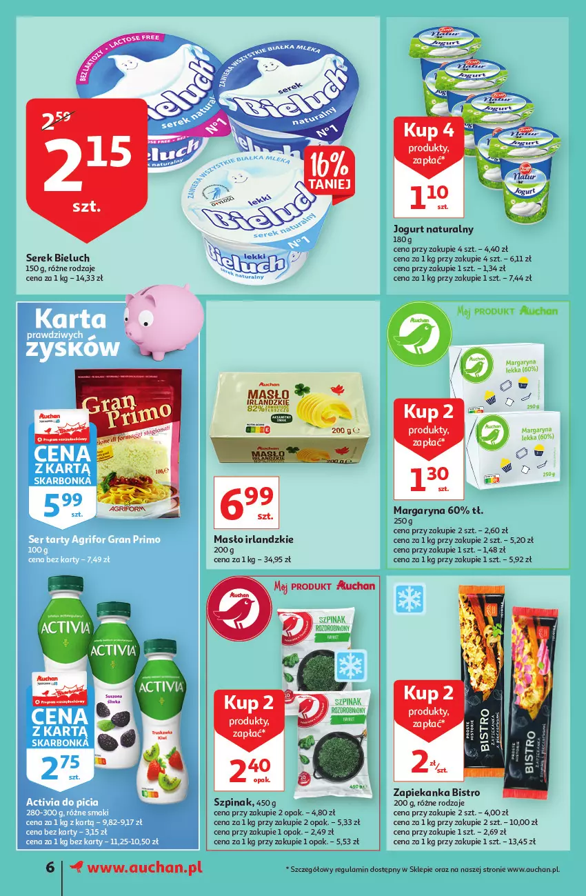 Gazetka promocyjna Auchan - przeNISKIE CENY z Maxi pakami Supermarkety - ważna 20.01 do 26.01.2022 - strona 6 - produkty: Bieluch, Jogurt, Jogurt naturalny, Margaryna, Masło, Ser, Serek, Szpinak, Zapiekanka