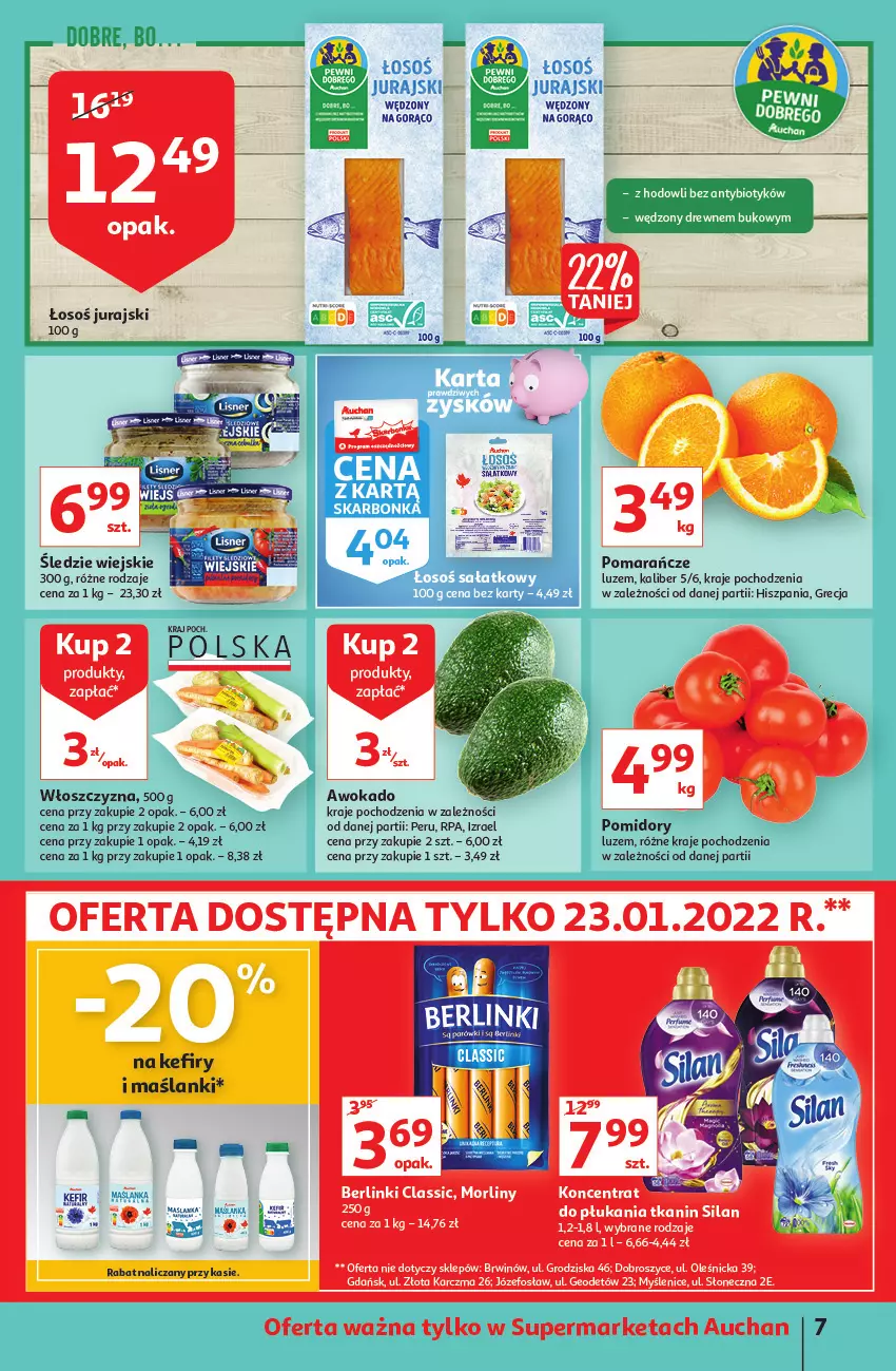 Gazetka promocyjna Auchan - przeNISKIE CENY z Maxi pakami Supermarkety - ważna 20.01 do 26.01.2022 - strona 7 - produkty: Berlinki, Kefir, Lanki, Morliny, NHL, Pomarańcze, Pomidory, Silan