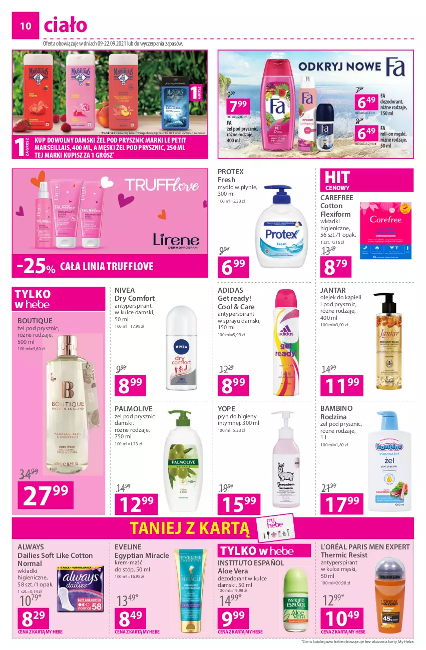 Gazetka promocyjna Hebe - Gazetka - ważna 09.09 do 22.09.2021 - strona 10 - produkty: Adidas, Aloe vera, Always, Antyperspirant, Carefree, Dezodorant, Eveline, L’Oréal, Mars, Mydło, Mydło w płynie, Nivea, Olej, Palmolive, Płyn do higieny intymnej, Wkładki, Yope