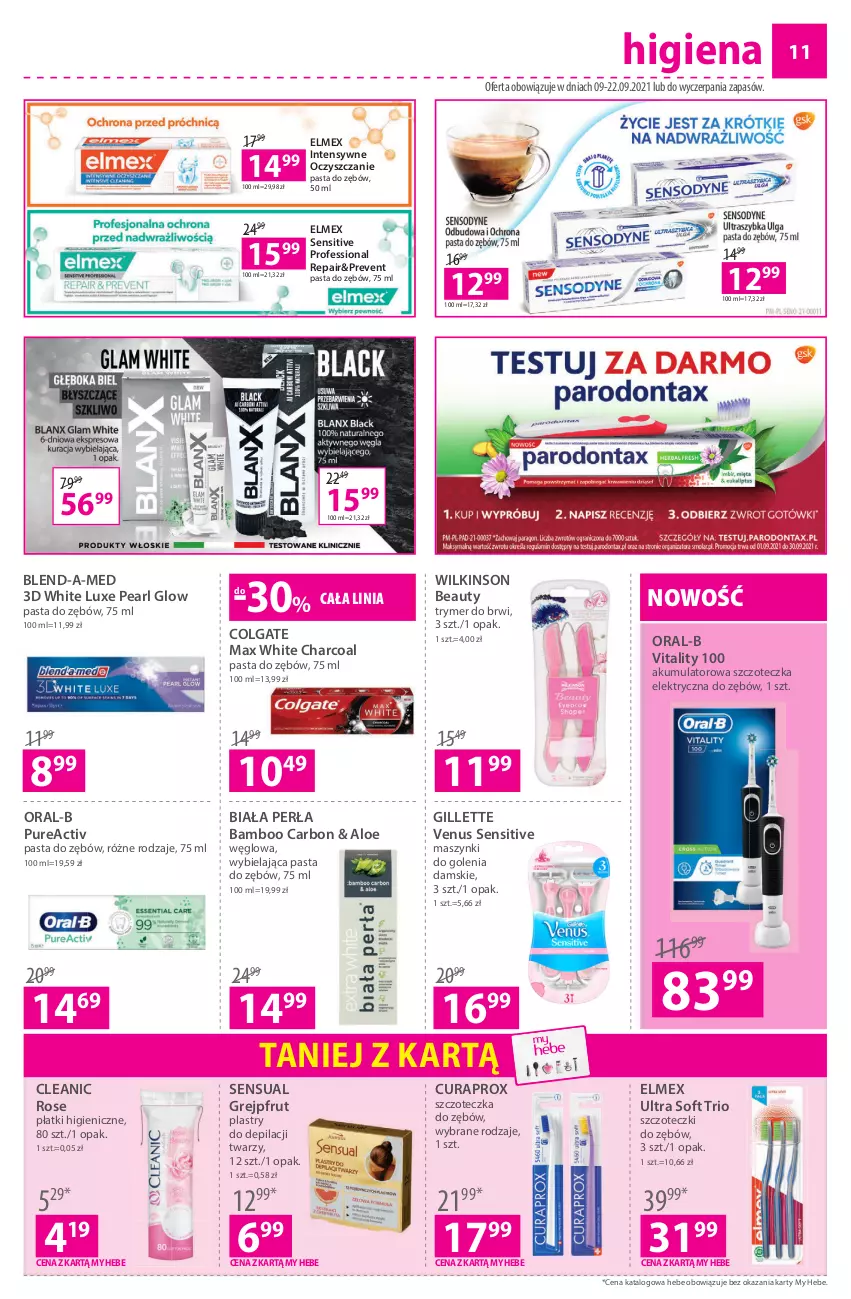 Gazetka promocyjna Hebe - Gazetka - ważna 09.09 do 22.09.2021 - strona 11 - produkty: Akumulator, Blend-a-Med, Cleanic, Colgate, Curaprox, Elmex, Gillette, Gillette Venus, Grejpfrut, LG, Pasta do zębów, Perła, Plastry do depilacji, Pur, Sensual, Szczoteczka, Szczoteczka do zębów, Venus