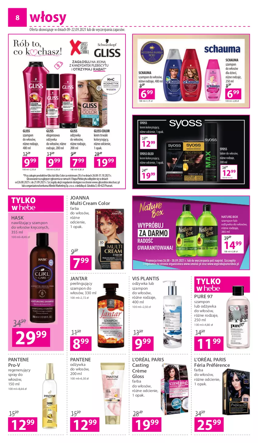 Gazetka promocyjna Hebe - Gazetka - ważna 09.09 do 22.09.2021 - strona 8 - produkty: Fa, Farba do włosów, Hask, Joanna, L’Oréal, Odżywka, Pantene, Peeling, Pur, Szampon