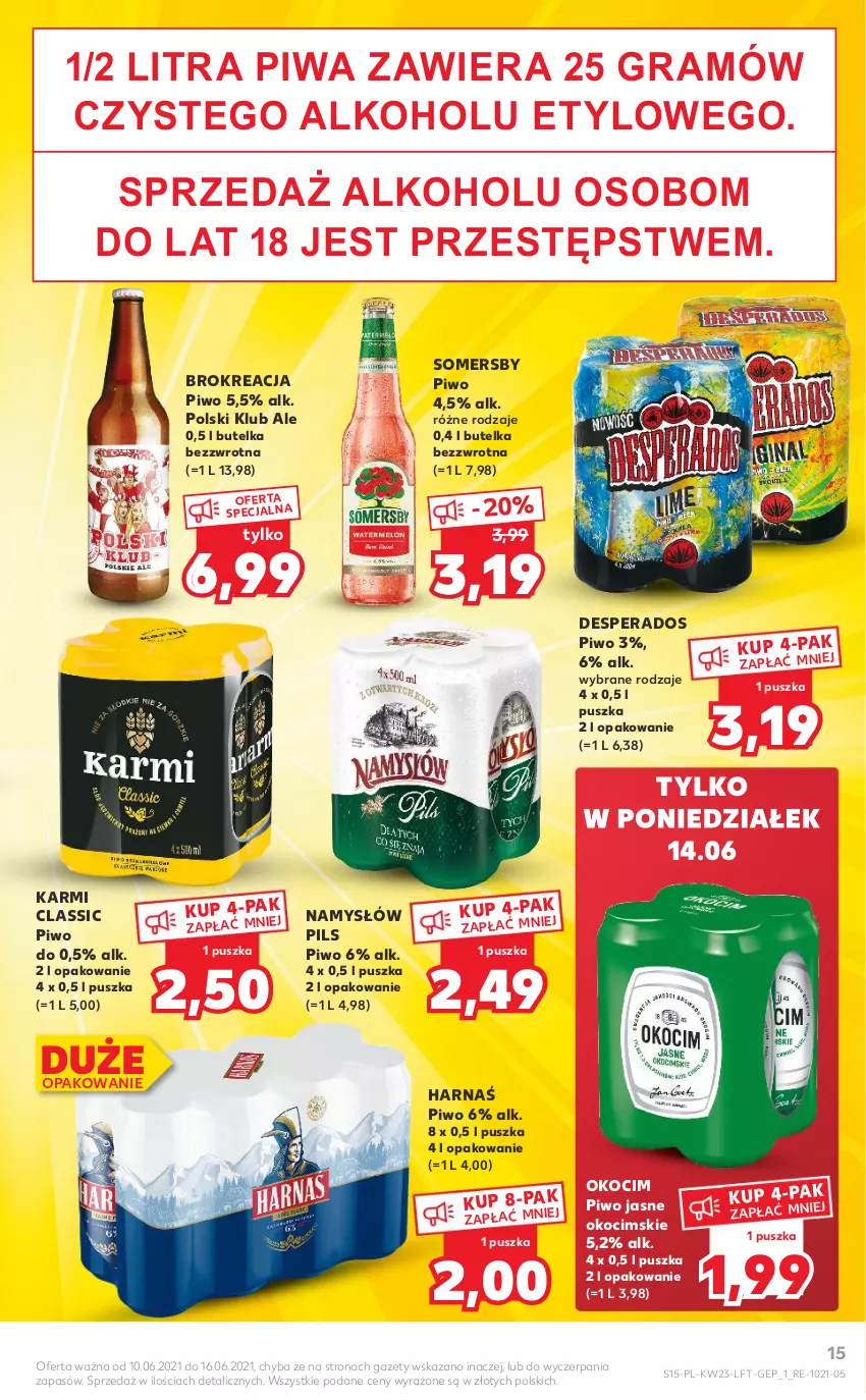 Gazetka promocyjna Kaufland - OFERTA TYGODNIA - ważna 10.06 do 16.06.2021 - strona 15 - produkty: Desperados, Gra, Harnaś, Karmi, Koc, Namysłów, Okocim, Piwa, Piwo, Piwo jasne, Somersby